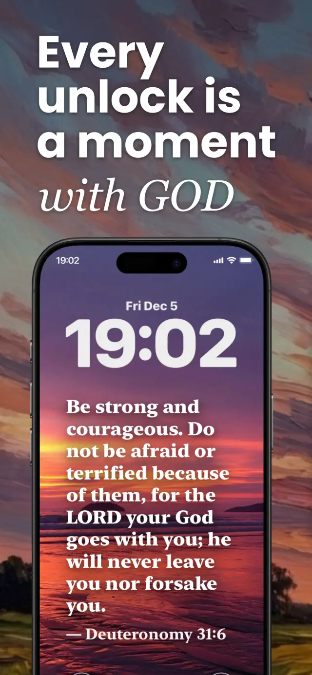 FaithWall lock screen showing Deuteronomy 31:6 scripture on iPhone